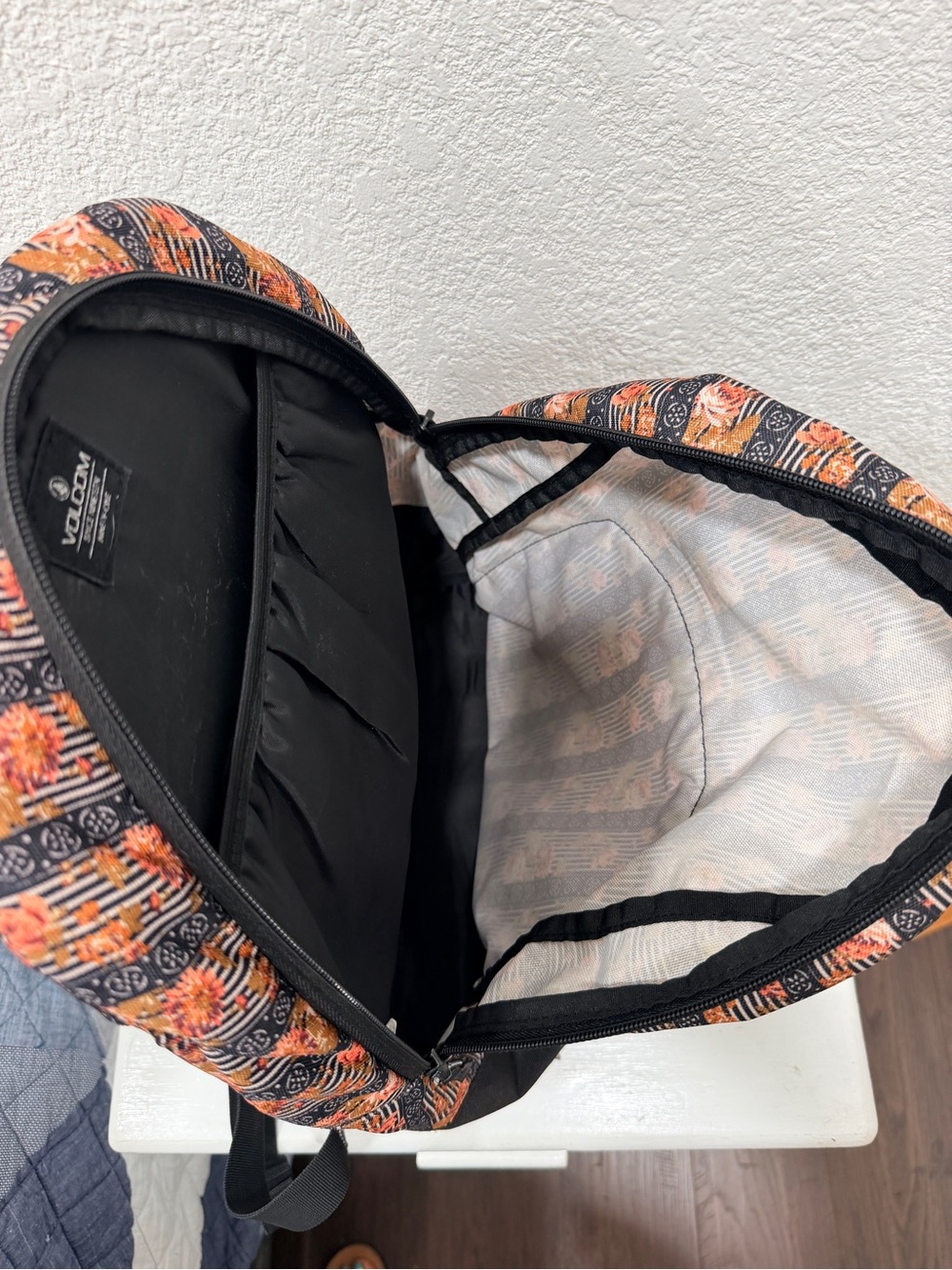 Volcom Black Floral Stripe Backpack with Orange Flowered Accents - Picture 4 of 8